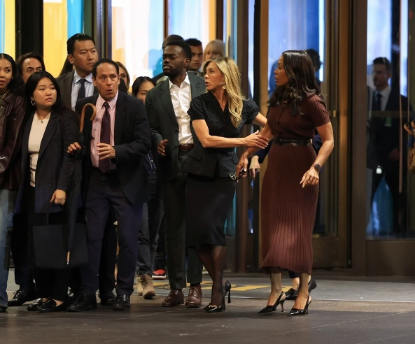 <strong>الفنانين جينيفر أنيستون و كارين بيتمان و ويليام جاكسون هاربر أثناء تصويرهم المسلسل الجديد The Morning Show 4</strong>