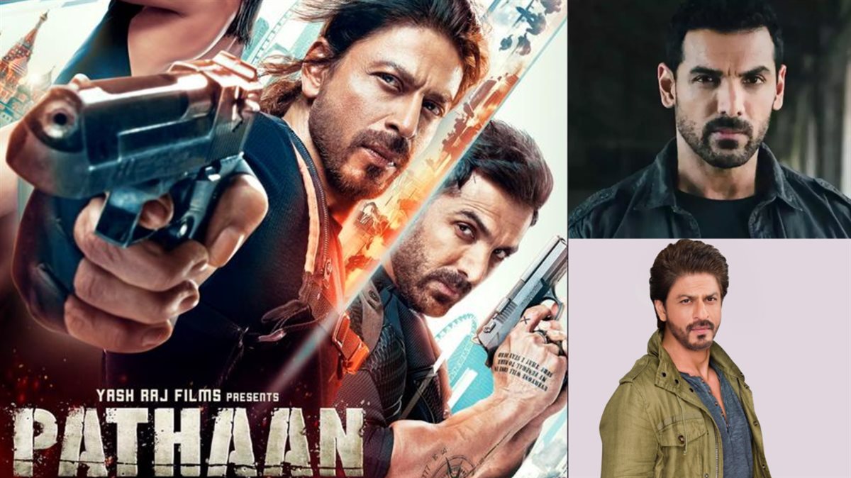 <strong>نجوم بوليوود شاه روخ خان و جون أبراهام وصورة أفيش فيلم Pathaan</strong>