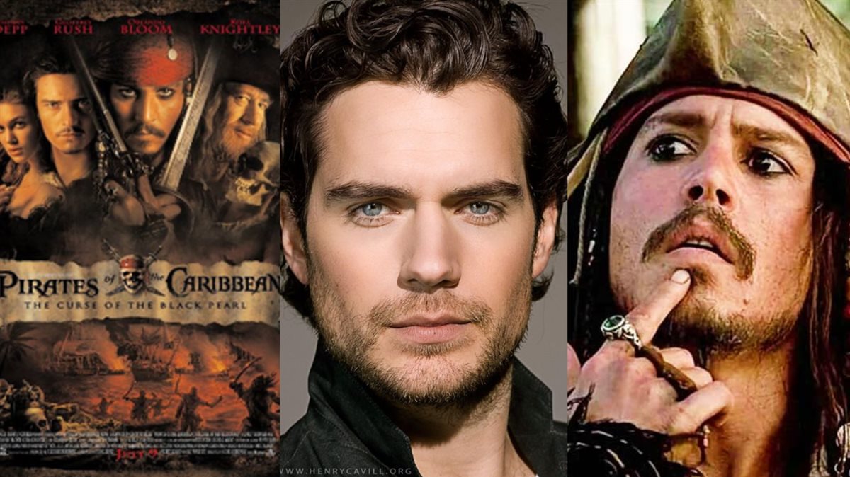 <strong>جوني ديب في شخصية القرصان جاك سبارو والممثل البريطاني هنري كافيل وصورة أفيش فيلم Pirates of the Caribbean</strong>