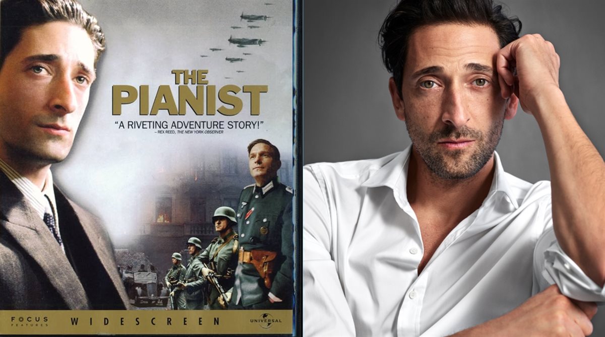 <strong>الممثل الأمريكي أدريان برودي وصورة أفيش فيلمه الشهير الحائز على جائزة أوسكار The Pianist</strong>